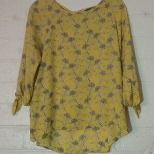 Papermoon Yellow Floral Boho Flowy 3/4 Sleeves With A Tie Blouse